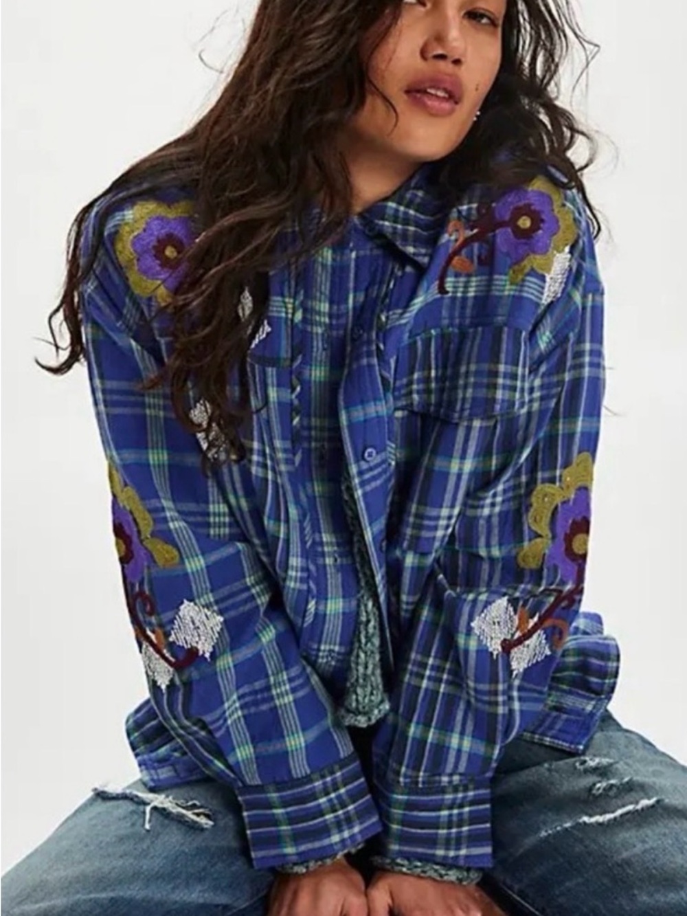 Free People Blue Embroidered Sashiko Shirt size S